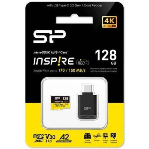 SILICON POWER κάρτα μνήμης microSDXC Inspire με card reader, 128GB, C10 UHS-I U3 V30 A2