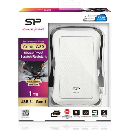 SILICON POWER εξωτερικός HDD Armor A30, 1TB, USB 3.2, λευκός