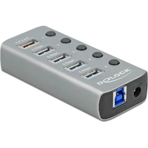 DELOCK USB hub 63262 με διακόπτες, 5x θυρών, 5Gbps, 2.4A, γκρι