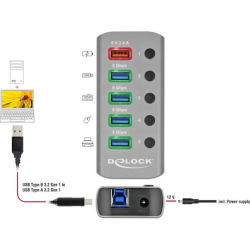 DELOCK USB hub 63262 με διακόπτες, 5x θυρών, 5Gbps, 2.4A, γκρι