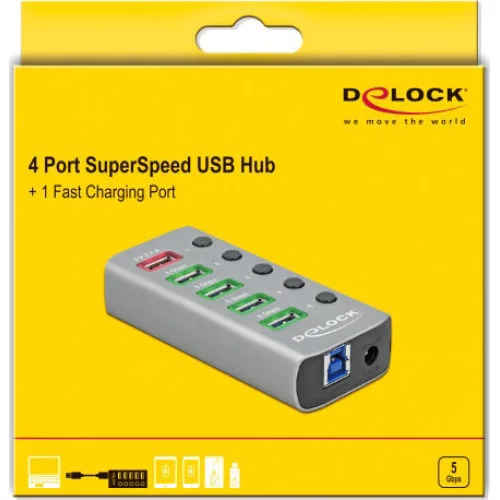 DELOCK USB hub 63262 με διακόπτες, 5x θυρών, 5Gbps, 2.4A, γκρι
