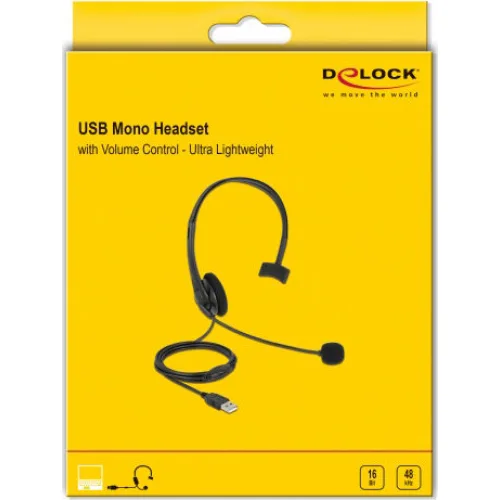 DELOCK headphones με μικρόφωνο 27177, mono, USB, volume control, μαύρα