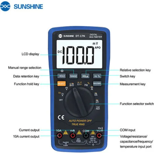 SUNSHINE ψηφιακό πολύμετρο DT-17N, AC 700V/DC 1000V, AC/DC 10A