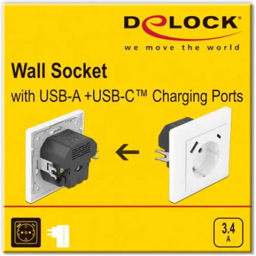 DELOCK πρίζα τοίχου 11489 με θύρες φόρτισης USB & USB Type-C 3.4A, λευκή