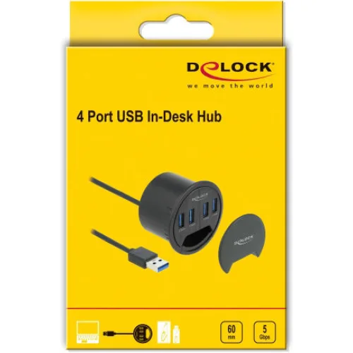 DELOCK USB hub 64153, 4x θυρών, 5Gbps, Φ60mm, USB σύνδεση, μαύρο