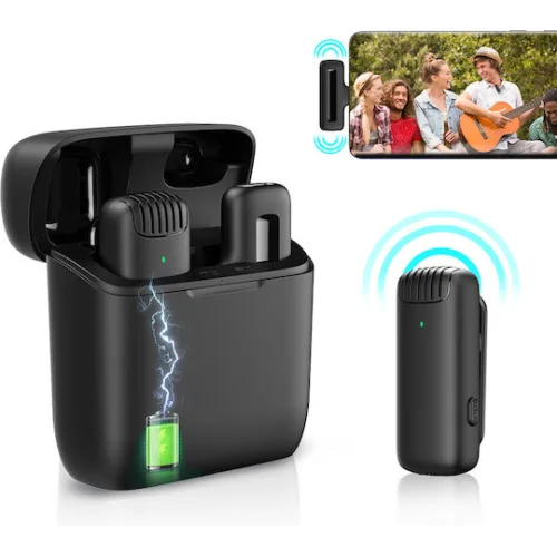 APEXEL ασύρματο μικρόφωνο APL-MIC007 με θήκη φόρτισης, USB-C, 2.4GHz, μαύρο