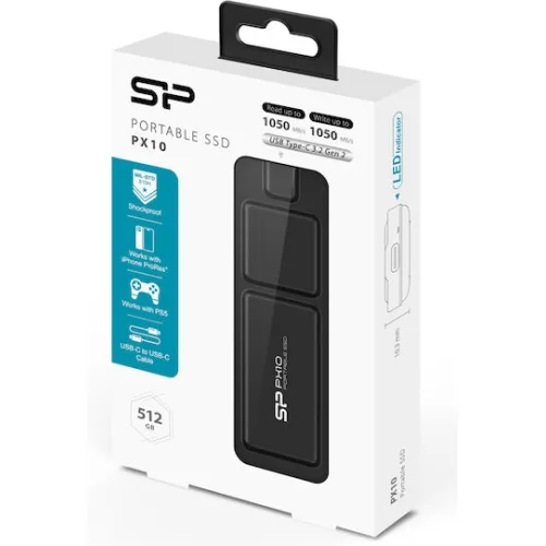 SILICON POWER εξωτερικός SSD PX10, 512GB, USB 3.2, 1050-1050MB/s, μαύρος