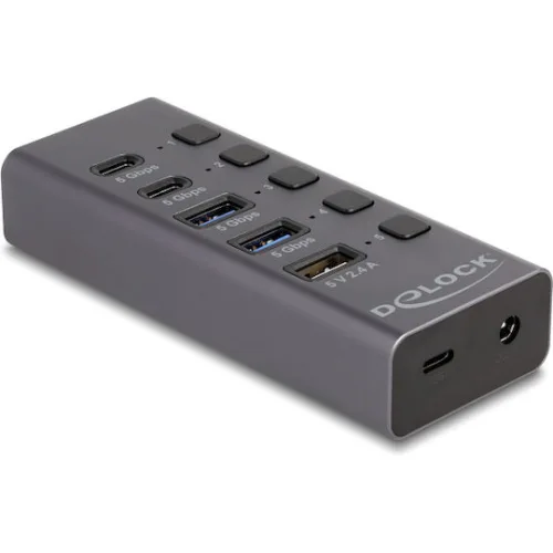 DELOCK USB hub 64248 με διακόπτες, 5x θυρών, 5Gbps, USB/USB-C σύνδεση, γκρι