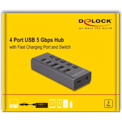 DELOCK USB hub 64248 με διακόπτες, 5x θυρών, 5Gbps, USB/USB-C σύνδεση, γκρι