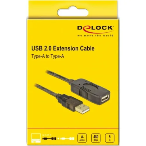 DELOCK καλώδιο USB 2.0 αρσενικό σε θηλυκό 82308, active, 5m, μαύρο
