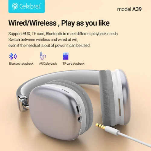 CELEBRAT headphones A39, ασύρματα & ενσύρματα, micro SD, 40mm, 400mAh, μαύρα