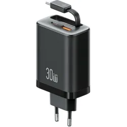USAMS φορτιστής τοίχου CC296 με καλώδιο, USB & USB-C, 30W, μαύρος