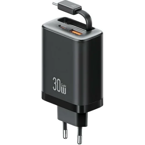 USAMS φορτιστής τοίχου CC296 με καλώδιο, USB & USB-C, 30W, μαύρος