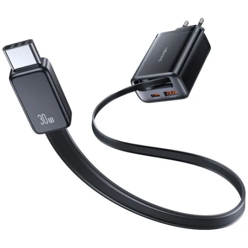 USAMS φορτιστής τοίχου CC296 με καλώδιο, USB & USB-C, 30W, μαύρος
