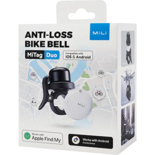MILI κουδούνι ποδηλάτου με smart tag MiTag Duo, iOS & Android, Bluetooth tracker, μαύρο/λευκό