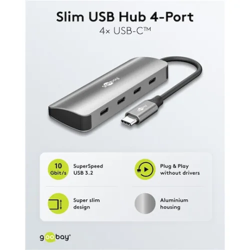 GOOBAY USB hub 76565, 4x θυρών, USB 3.2, 10Gbps, USB-C σύνδεση, γκρι