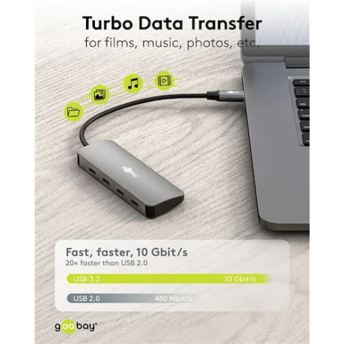 GOOBAY USB hub 76565, 4x θυρών, USB 3.2, 10Gbps, USB-C σύνδεση, γκρι