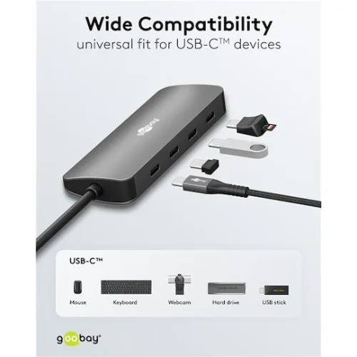 GOOBAY USB hub 76565, 4x θυρών, USB 3.2, 10Gbps, USB-C σύνδεση, γκρι