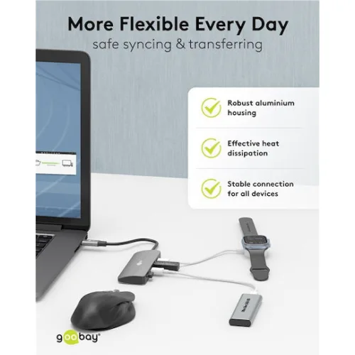 GOOBAY USB hub 76565, 4x θυρών, USB 3.2, 10Gbps, USB-C σύνδεση, γκρι