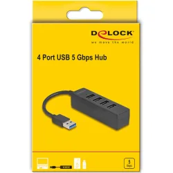 DELOCK USB hub 64350, 4x θυρών, USB 3.0, 5Gbps, USB σύνδεση, μαύρος