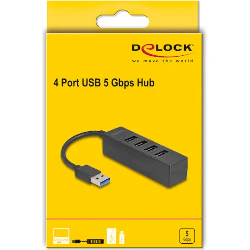 DELOCK USB hub 64350, 4x θυρών, USB 3.0, 5Gbps, USB σύνδεση, μαύρος