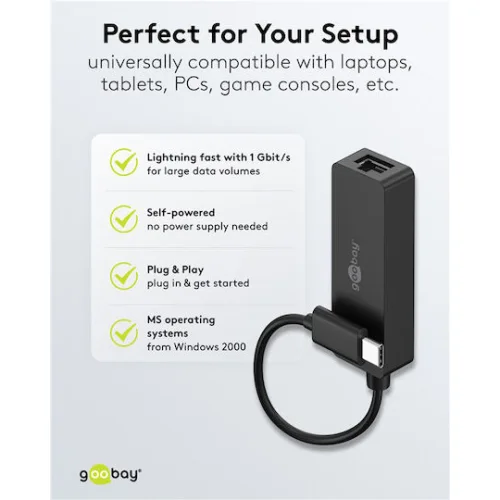 GOOBAY αντάπτορας δικτύου 76579, USB-C, 1000Mbps Ethernet, μαύρος