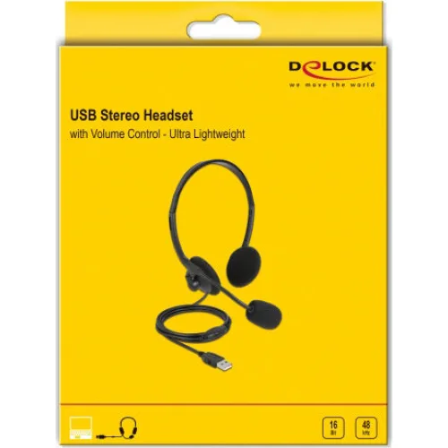 DELOCK headphones με μικρόφωνο 27178, stereo, USB, volume control, μαύρα