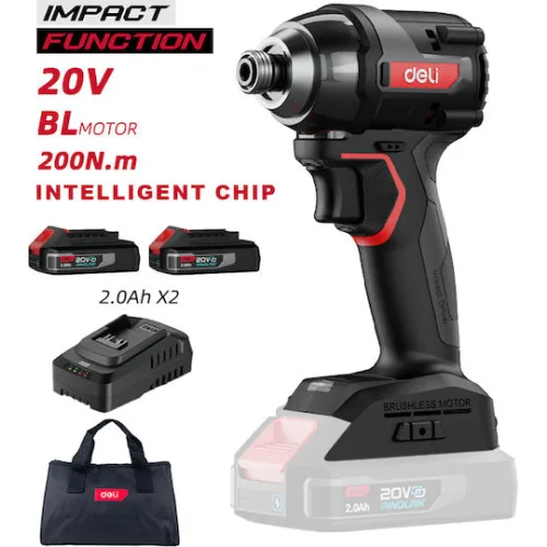 DELI παλμικό κατσαβίδι μπαταρίας DE-QZ20-1D2, Brushless, 20V, 2x 2Ah, 200N.m