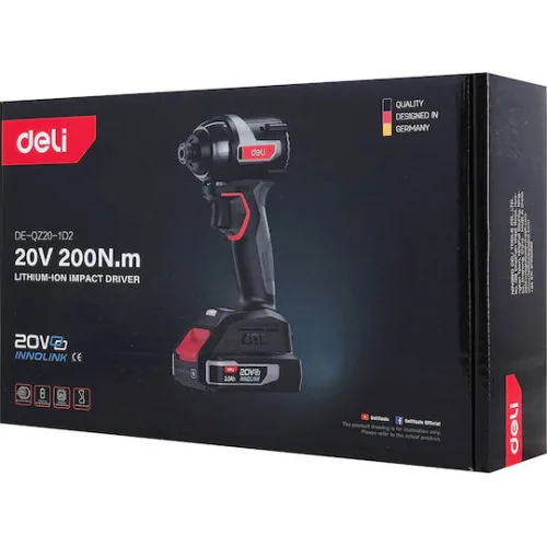 DELI παλμικό κατσαβίδι μπαταρίας DE-QZ20-1D2, Brushless, 20V, 2x 2Ah, 200N.m