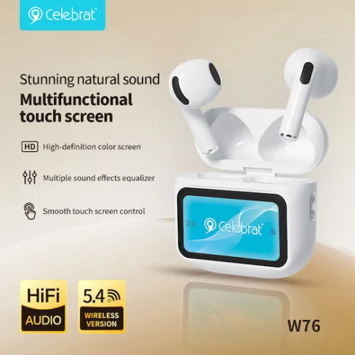 CELEBRAT earphones με θήκη φόρτισης W76, True Wireless, 13mm, 25/300mAh, λευκά