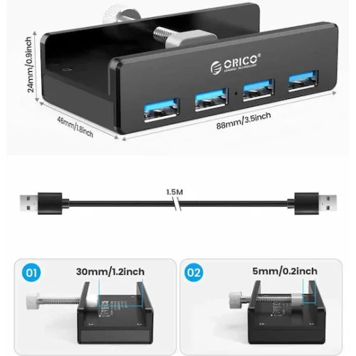 ORICO USB hub MH4PU-P με σφιγκτήρα, 4x θυρών, 5Gbps, USB σύνδεση, μαύρο