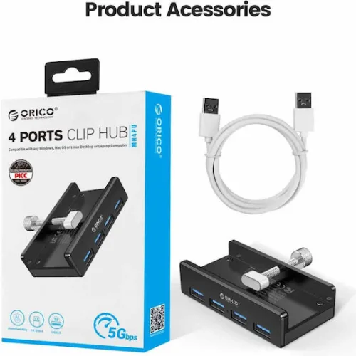 ORICO USB hub MH4PU-P με σφιγκτήρα, 4x θυρών, 5Gbps, USB σύνδεση, μαύρο