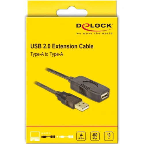 DELOCK καλώδιο USB 2.0 αρσενικό σε θηλυκό 82446, active, 10m, μαύρο