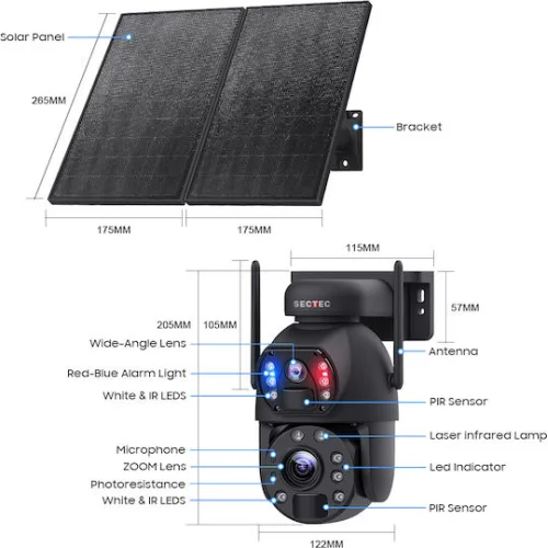 SECTEC smart ηλιακή κάμερα ST-598-6M-4G-20W-EU, 3MP dual lens, 20x zoom, 4G, SD, PTZ