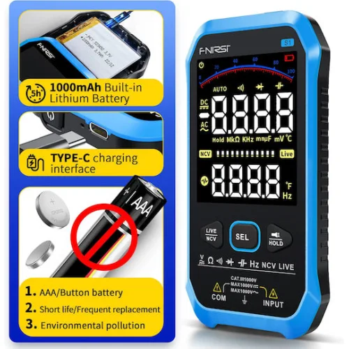 FNIRSI ψηφιακό πολύμετρο S1, 1000V AC/DC, NCV, RMS, επαναφορτιζόμενο