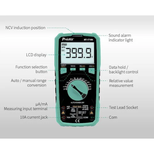 Proskit Ψηφιακό Πολύμετρο True RMS με Buzzer με Μέτρηση AC / DC / Αντίστασης / Χωρητικότητας / Θερμοκρασίας MT-1710N