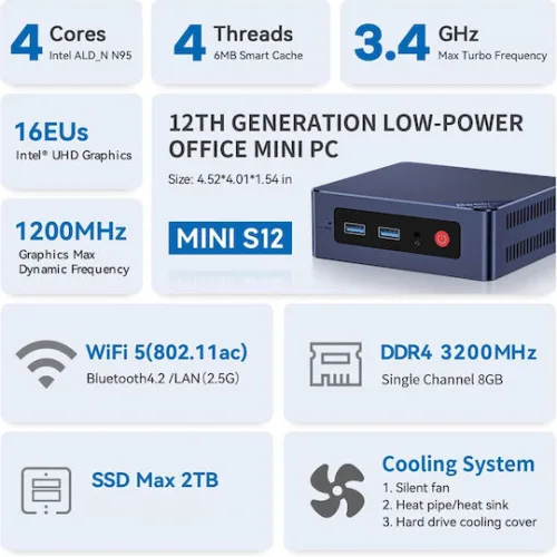 Beelink S12 Mini PC (N-Series N95/12GB DDR4/480GB SSD/W11 Pro)