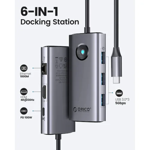 Orico USB-C Docking Station με HDMI 4K PD και σύνδεση 2 Οθονών Γκρι (PW11-6PR-GY-EP)