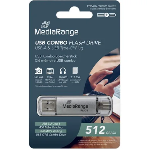 MediaRange USB 3.2 Gen 1 Combo Flash Memory Drive with USB-A and USB-C®, with Protective Caps, Silver, 512GB (MR940-1)