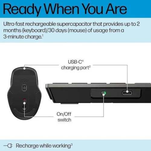 HP 720 Multi-Device Rechargeable Wireless Keyboard and Mouse Combo - Black - 9T5A9AA