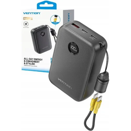 VENTION 20000mAh Power Bank (USB-C + USB-C/USB-C/USB-A) with Built-in USB-C to USB-C Cable 22.5W Black LED Display Type (FKBB0-C) (VENFKBB0-C)