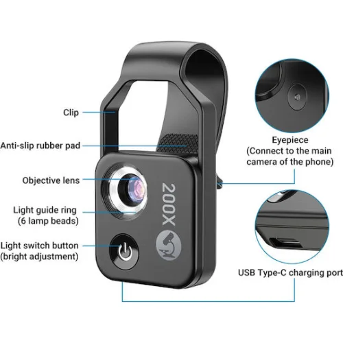 APEXEL φακός μικροσκόπιο APL-MS002 για smartphone κάμερα, 200x zoom, LED