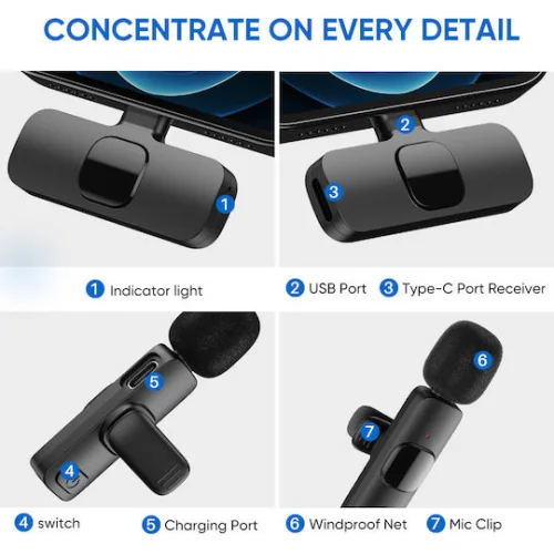 APEXEL ασύρματο μικρόφωνο APL-MIC003, USB-C, 2.4GHz, μαύρο