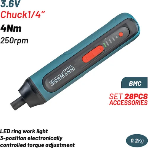 BORMANN BCD1051CA Κατσαβίδι Μπαταρίας 3.6V,Li-Ion,4Nm,250rpm,3 Θέσεις Ροπής,Led,BMC,Σετ 28 Αξεσουάρ