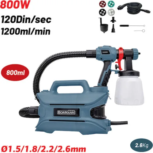 BORMANN BPG9110 Πιστόλι Βαφής Ηλεκτρικό HVLP 800W, ΣΩΛΗΝΑΣ 2m, 800ml, 120din, Φ1.5/1.8/2.6mm