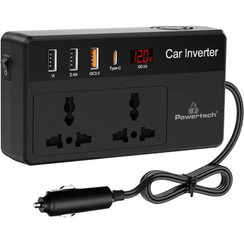 POWERTECH inverter αυτοκινήτου PTL-023, 200W, 12V DC σε 220V AC, με USB-C/3x USB