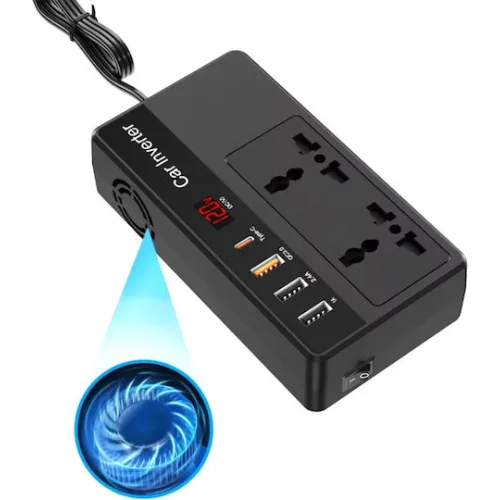 POWERTECH inverter αυτοκινήτου PTL-023, 200W, 12V DC σε 220V AC, με USB-C/3x USB