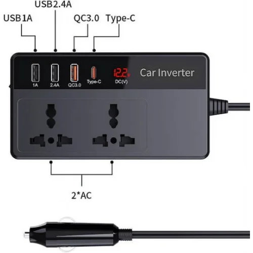 POWERTECH inverter αυτοκινήτου PTL-023, 200W, 12V DC σε 220V AC, με USB-C/3x USB