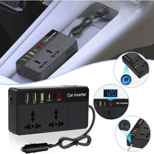 POWERTECH inverter αυτοκινήτου PTL-023, 200W, 12V DC σε 220V AC, με USB-C/3x USB