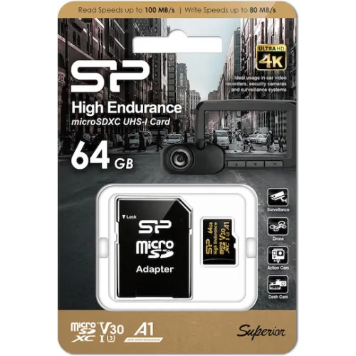 SILICON POWER κάρτα μνήμης microSDHC High Endurance, 64GB, Class 10 UHS-I U3 A1 V30